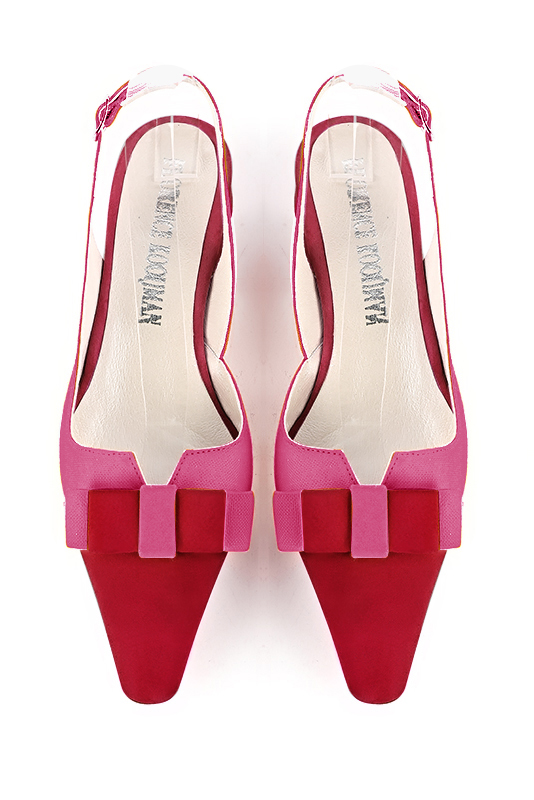 Women's cardinal red and hot pink elegant slingback heels, with a bow on the front. Tapered toe. Flat block heels - Top view